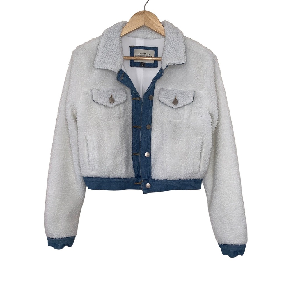 Ashley Vintage Charm Womens Sherpa Denim Trucker Jacket‎ White Blue Size M
